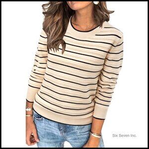 Soft Knit Sweater Pullover Thin Lightweight Hollow Out Stripe Design